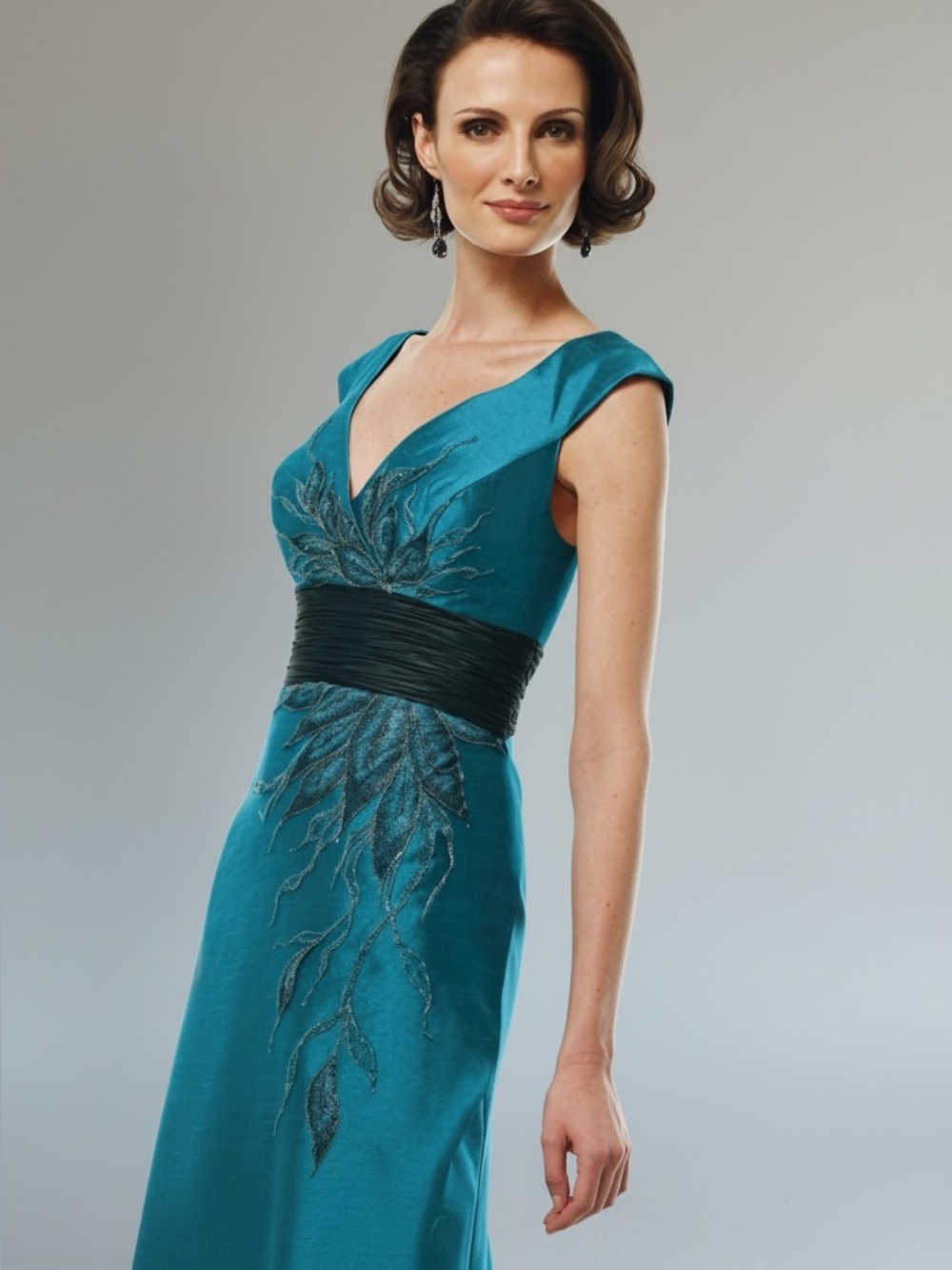 Teal Embroidered V-Neck Maxi Dress